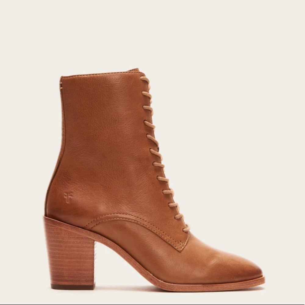 Frye Georgia Lace Up Cognac Brown Leather Almond Toe Vintage Fall Ankle Boot - Picture 2 of 7